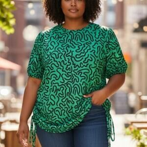 NWT ~ Women's Plus Size Green & Black Ruched Sides Short Sleeve Blouse ~ 4X